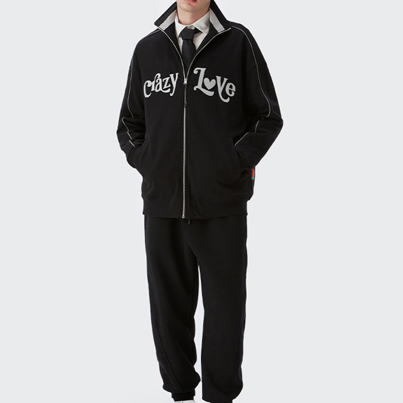 Custom Mens Mandarin Collar Jacket Sporty Streetwear Reflective Hoodie Sweatshirt