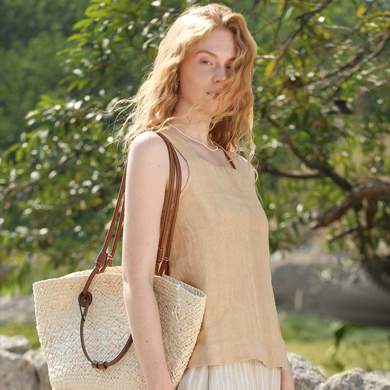 2024 Summer French Romantic Resort Linen Heavy Crafted Sleeveless Tank Top