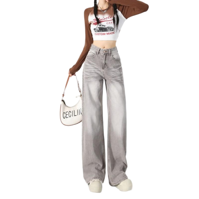 Ladies Jeans Wholesales Women's Grey Denim Wide-Leg Jeans Corrugated Fade Casual Autumn Fashion Best-Selling
