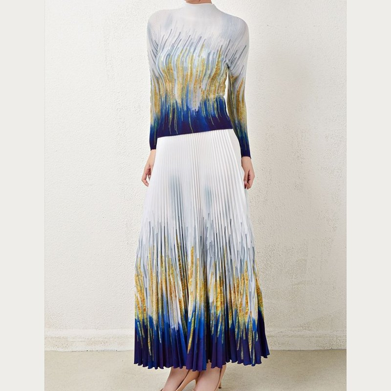 Factory Customized High-End Pleated Thin Slim Fit Long-Sleeved Printed T-Shirt High Waist Ban'shen Skirt Suit