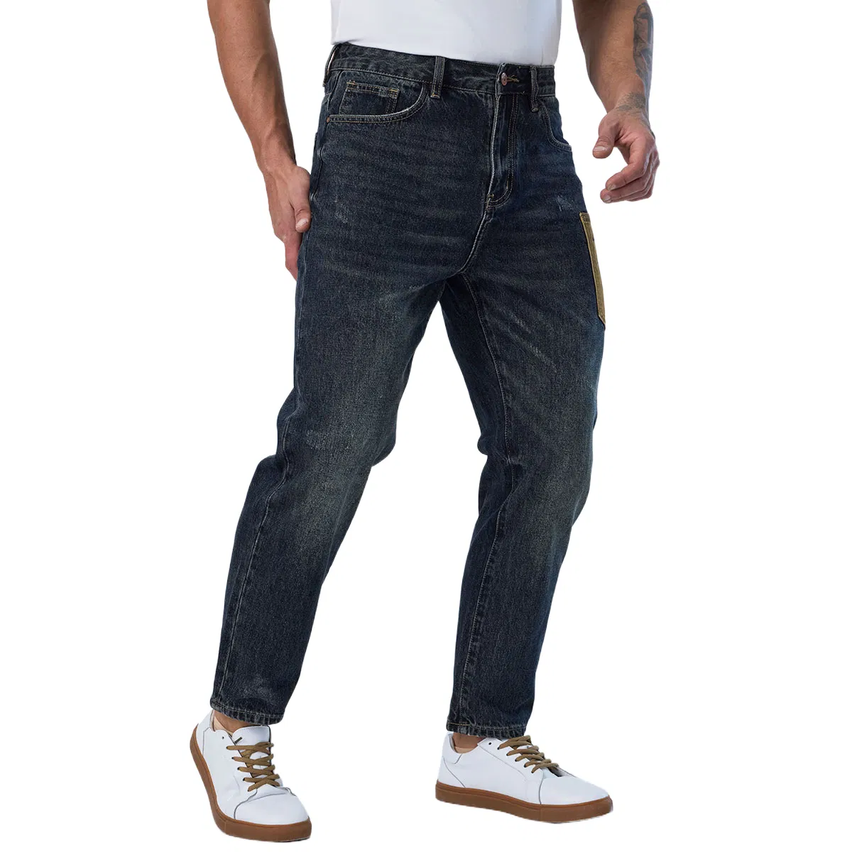 Custom Fashionable Patchwork Design Dark Blue Denim Casual Straight Men Jeans