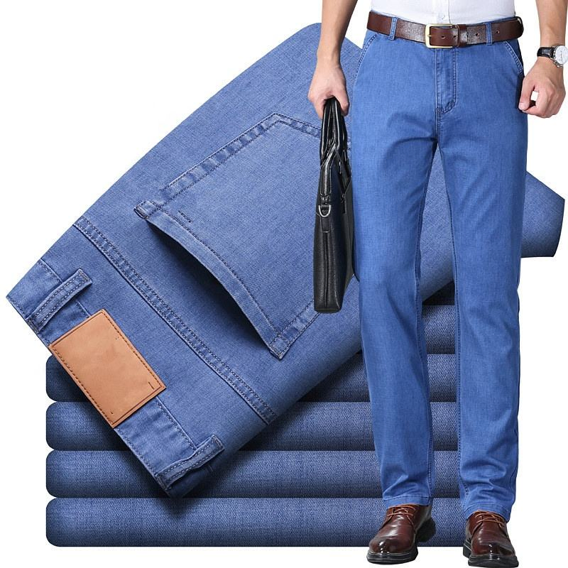 Men's Distressed Washed Elastic Ice Silk Cotton Jeans Breathable MID Waist Straight Leg for Business Casual Spring Autumn Winter
