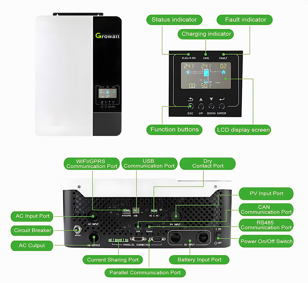 Growatt Solar Inverter SPF 3000es 3500es 5000 Es Inverters Pure Sine Wave 5kw off-Grid Inverter for Industrial and Commercial Use