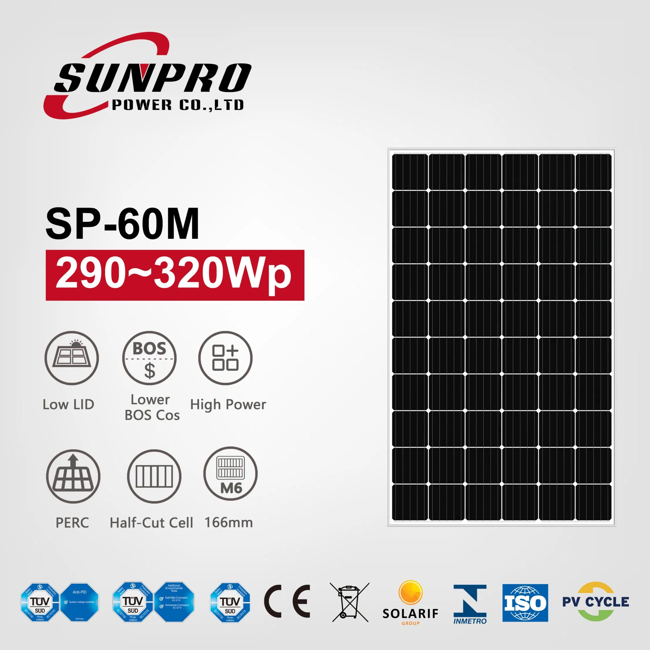 Sunpro Monocrystalline Solar Panel 320W Solar Energy Panel with M2 Solar Cell
