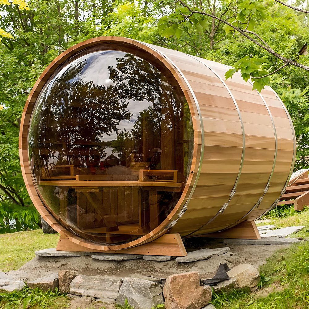 Luxury Red Cedar 4-6 Person Panoramic Glass Barrel Sauna Outdoor Traditional Steam Wooden Sauna House For Garden