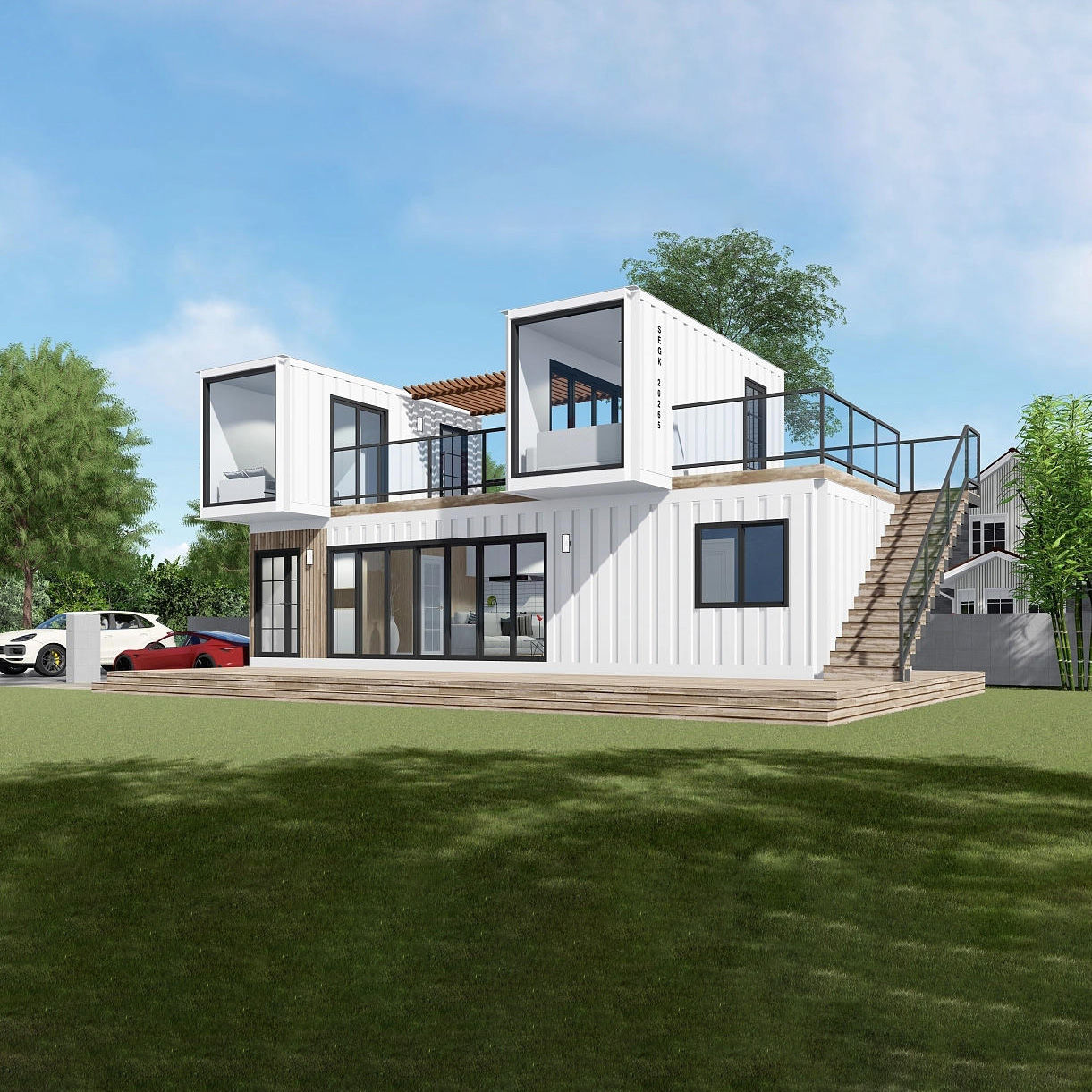 2 Story Luxury Modular Prefab Steel Structure Container House Villa Balcony Eco-friendly Windproof for Residential Commercial