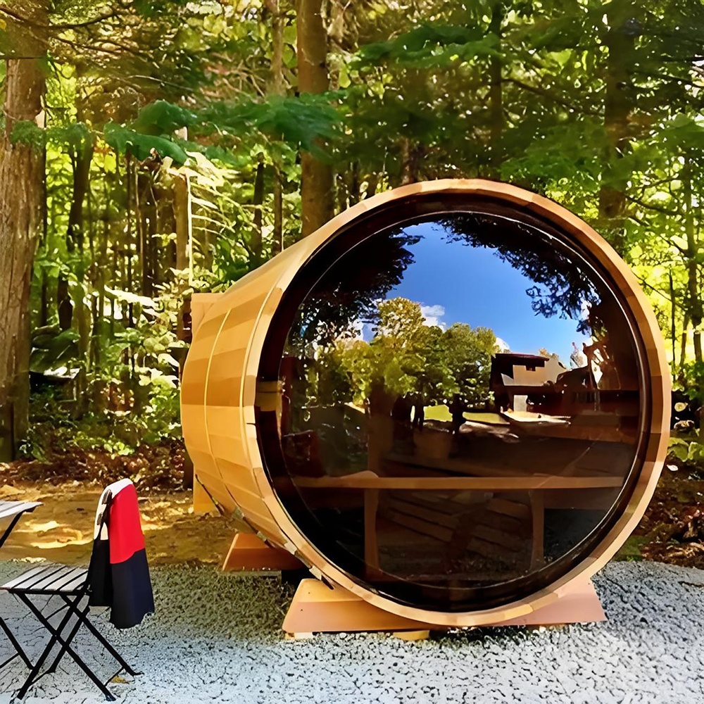 Luxury Red Cedar 4-6 Person Panoramic Glass Barrel Sauna Outdoor Traditional Steam Wooden Sauna House For Garden