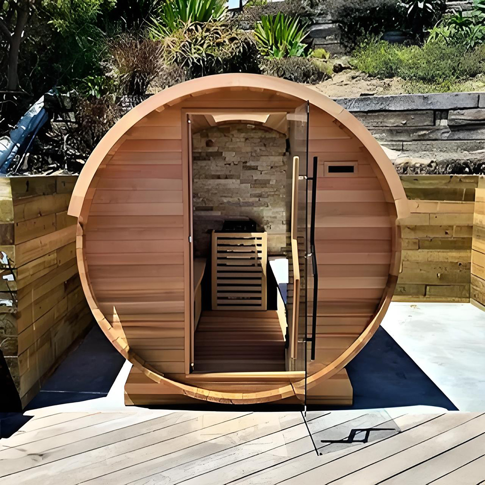 Luxury Red Cedar 4-6 Person Panoramic Glass Barrel Sauna Outdoor Traditional Steam Wooden Sauna House For Garden
