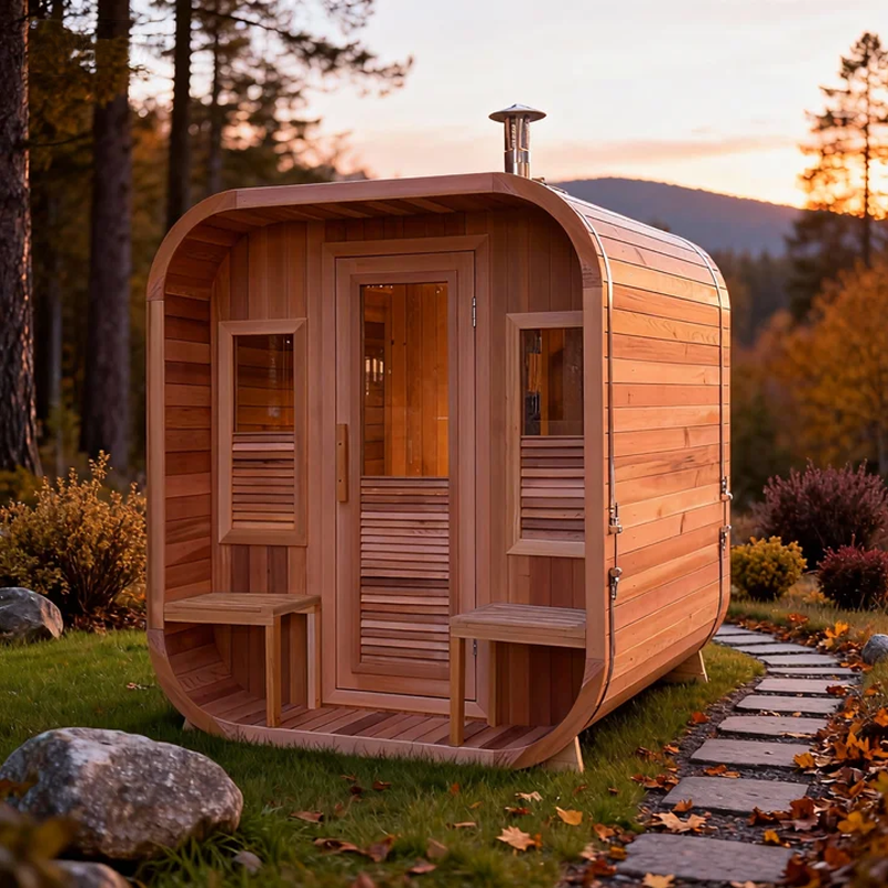 Nordic Style Weatherproof Outdoor Sauna Hut,4-6 Person Red Cedar Sauna House with Electric Heater, Rounded Design Backyard Sauna