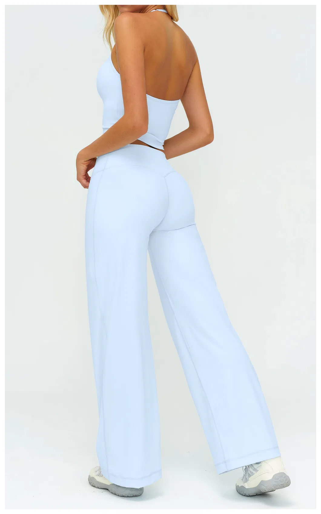 Elegant Resort Wear Yoga Set Halter Neck Top & Flowing Wide Leg Palazzo Pants, Naked Feel for Beach & Vacation