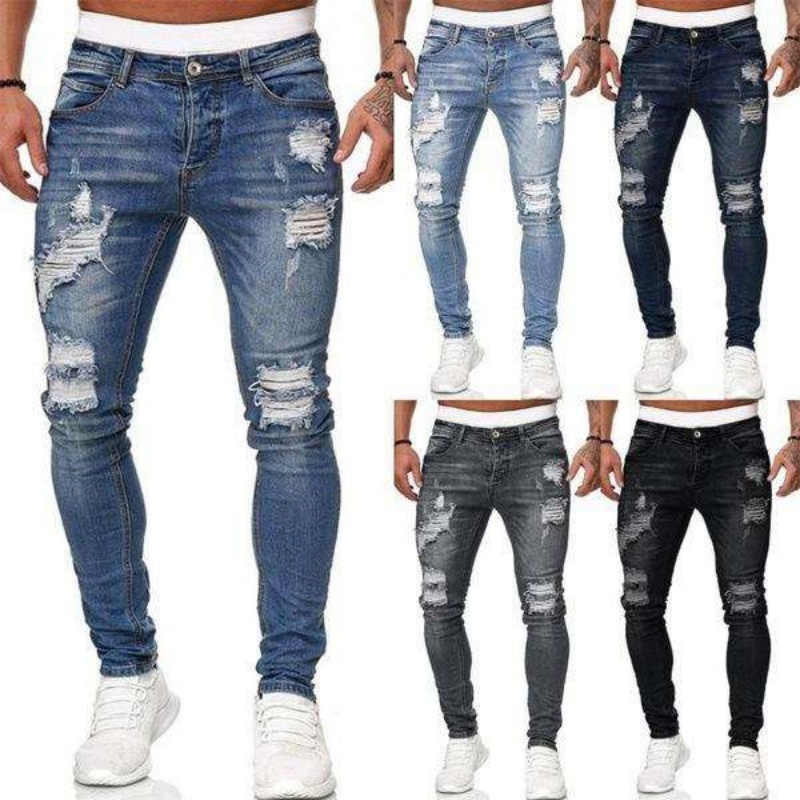 Factory Wholesale Custom Logo Apparel Designers Trendy Washed Pencil Long Pants Black Stretch Trouser Mens Ripped Denim Slim Fit Jeans