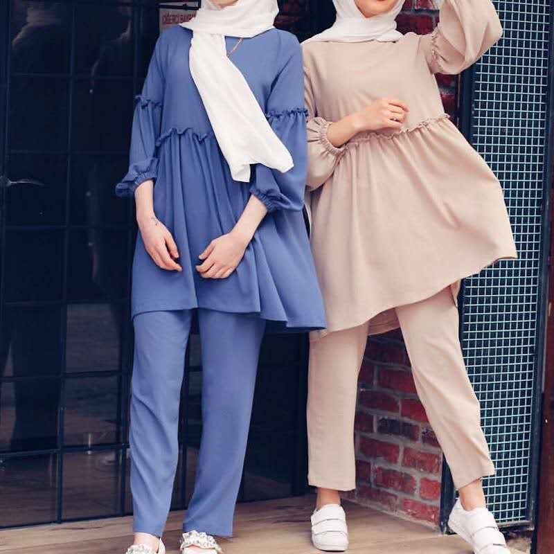 Modest Casual Suits Islamic Clothes Fashionable Women Lined Ruffles Tops Office Pants Two Piece Suits Islamic Dress
