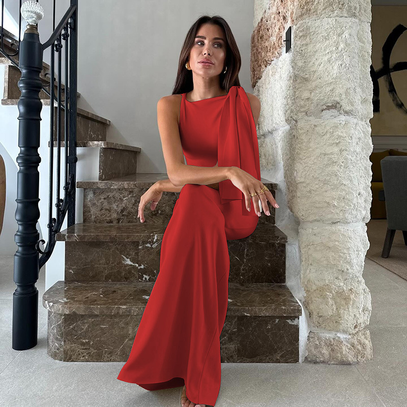 Summer Dress Fashion Single One Shoulder Streamer Solid Color Dresses Women