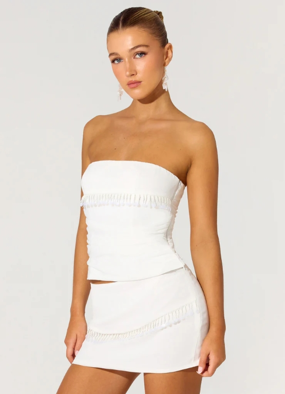 Womens Low Waist Bodycon Mini Skirt, Shell &amp; Bead Fringe Trim Skirt, Elegant Skirt for Cocktail Parties &amp; Resort Wear