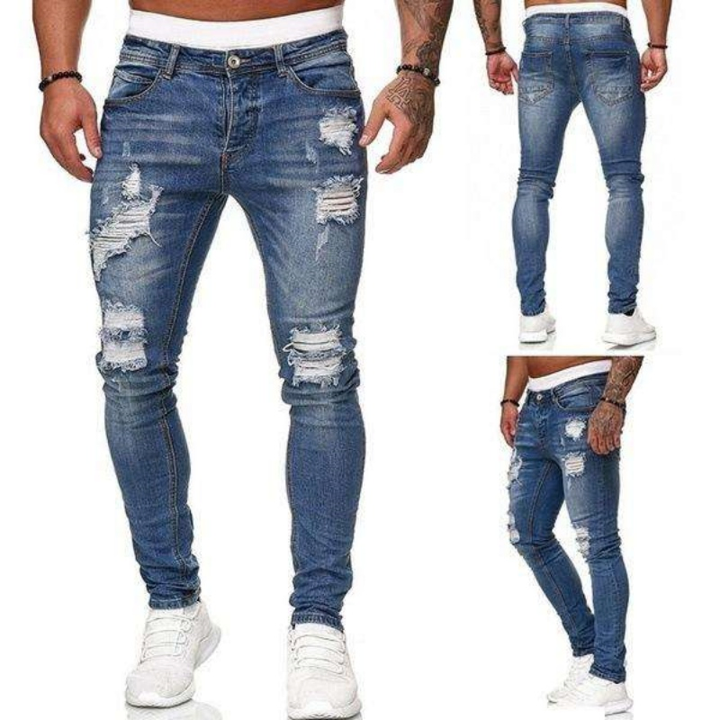 Factory Wholesale Custom Logo Apparel Designers Trendy Washed Pencil Long Pants Black Stretch Trouser Mens Ripped Denim Slim Fit Jeans