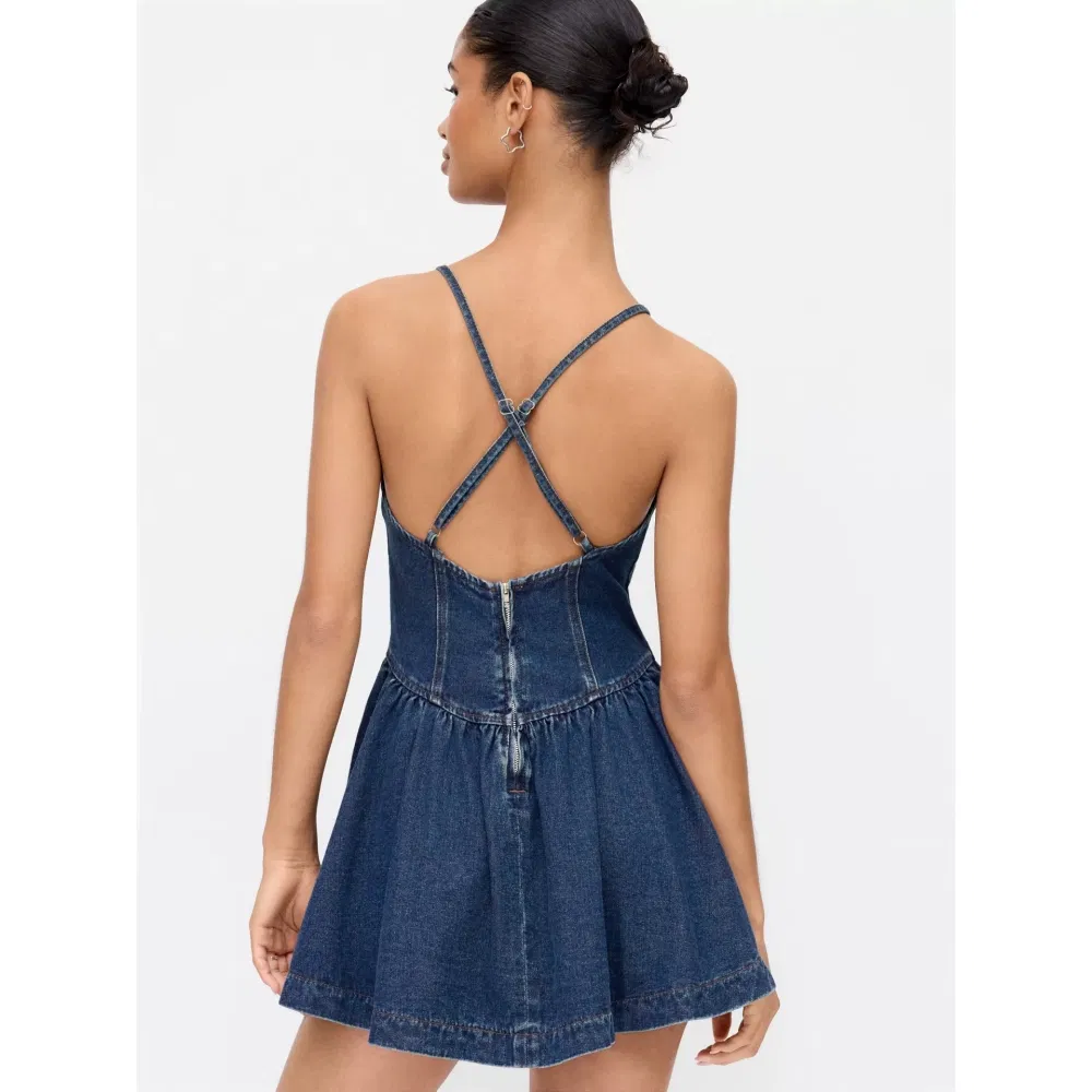 Wholesale Custom High Quality Denim V Neck Camisole Mini Dress Women's Spring Summer Comfort Vacation Casual Daily Ladies Apparel
