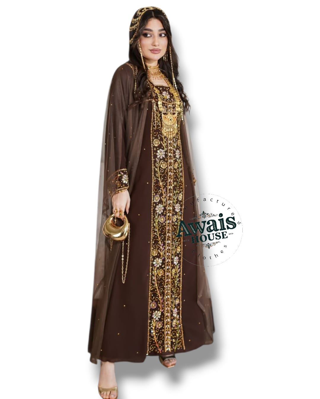 Women's Modest Simple Solid Chiffon Kaftan Luxury Light Beaded Floor-Length A-Line Silhouette Long Sleeve Clothing Muslim Middle