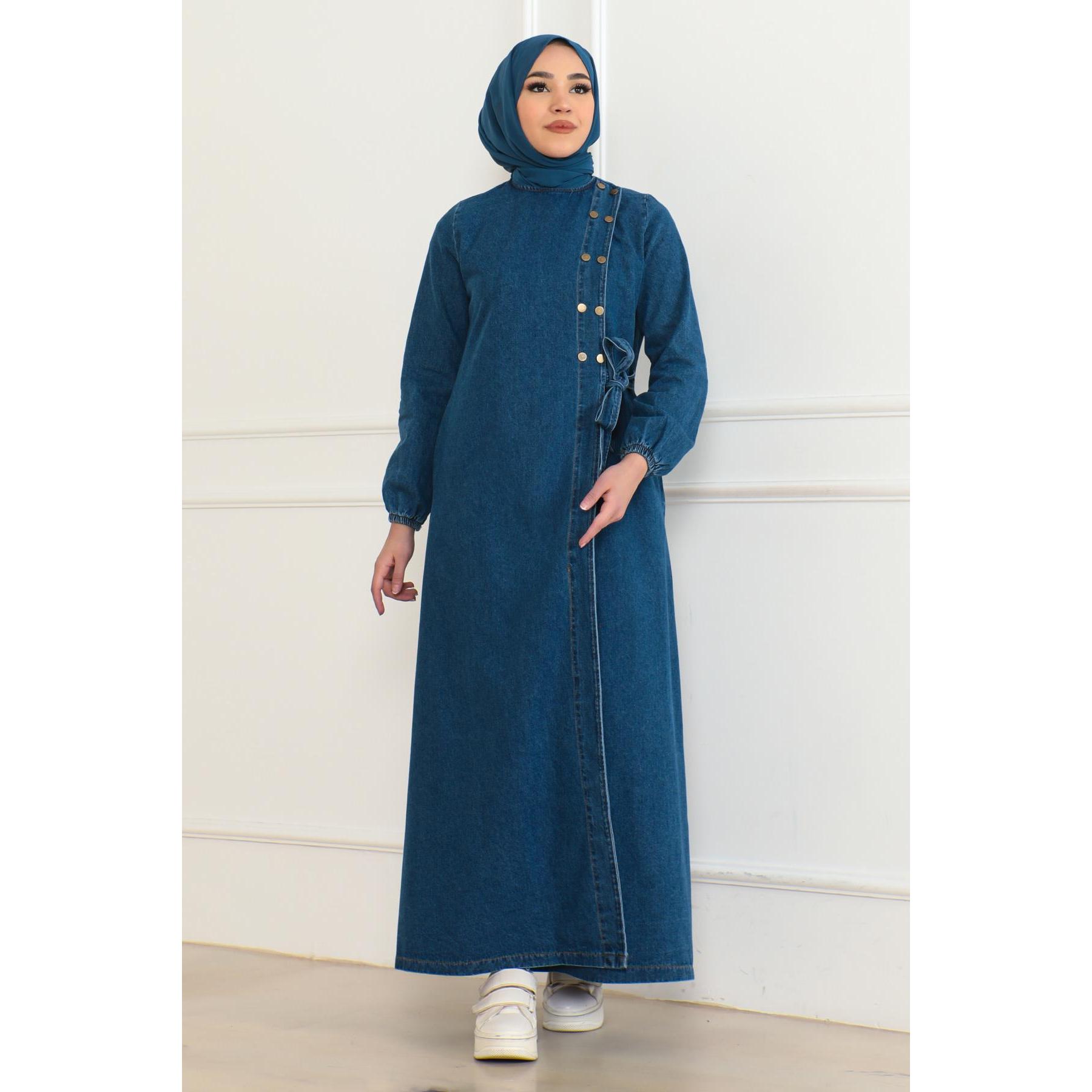 Dark Blue Denim Modest Women's Daily Button-Front Side-Tie Abaya Model 41459