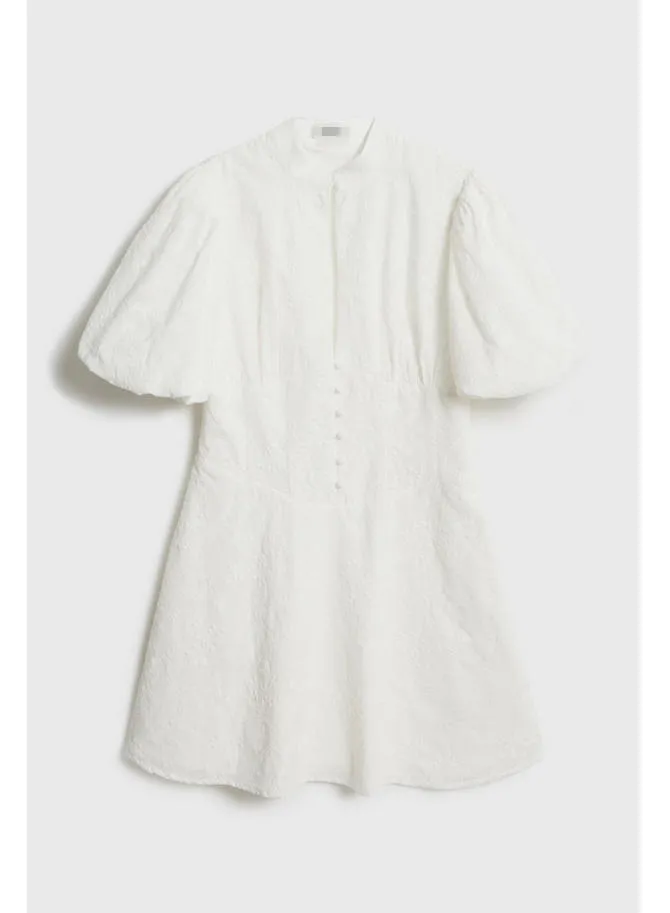 Customized Wholesale Official Women Dress Fashion Short Fit Short Puff Sleeves Design Stand Collar Embroidery Fabric Dress for Woman Summer Wear