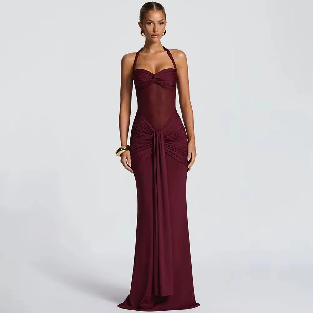 Halter Neck Mesh Long Dress Fashion New Mesh Patchwork Elegant Mermaid Tail Ribbon Dress