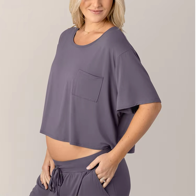 Women Casual Leisure Sets Bamboo Crop Tee Loose-fit Trouser