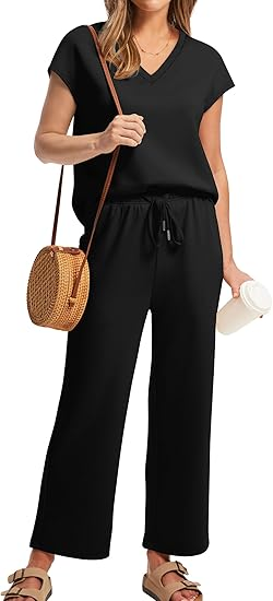 Women's Black Summer Vintage Solid 2-Piece Loungewear Set V-Neck Short Sleeve Top + Drawstring Wide Leg Pants 100% Cotton