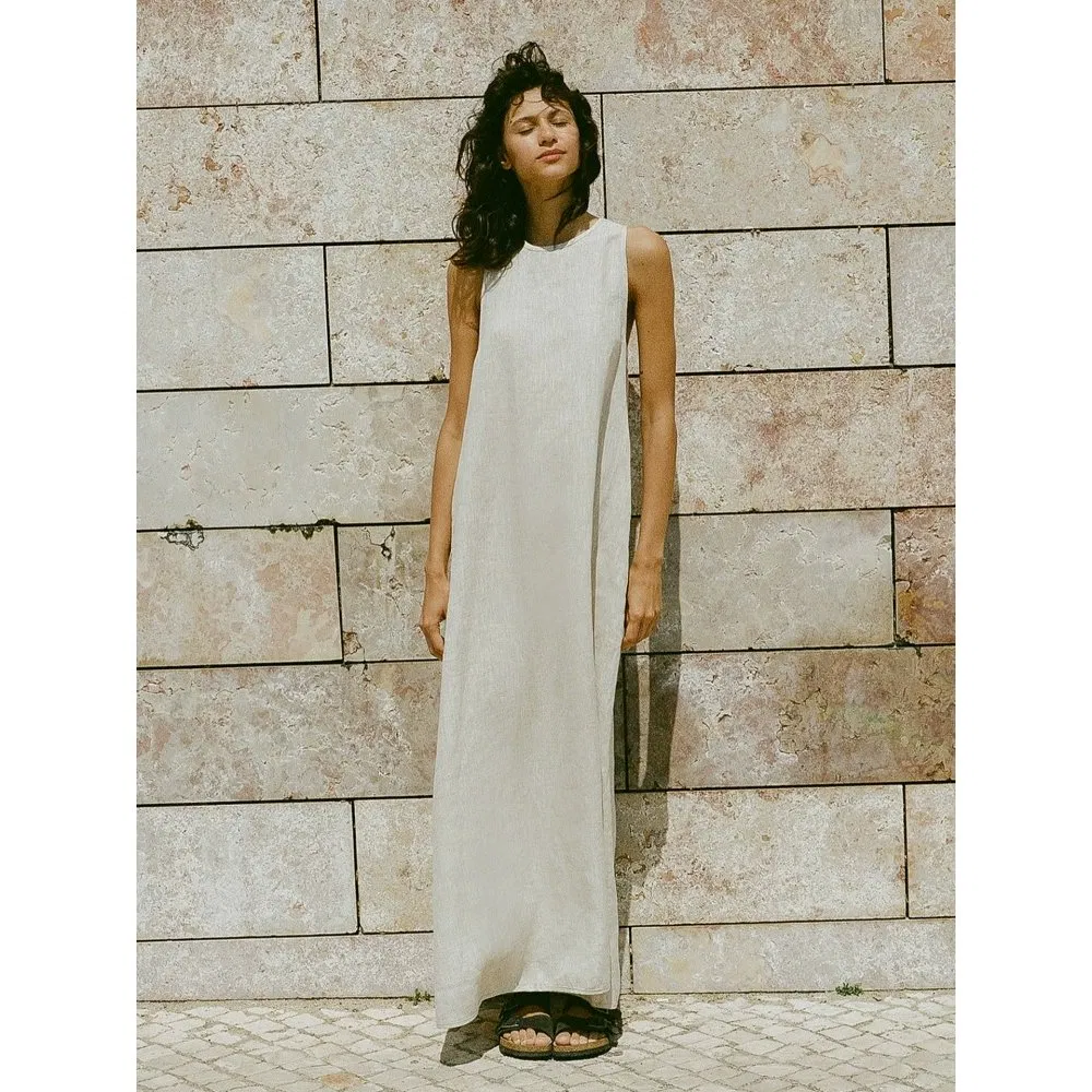 Luxury Women Wholesale Custom Linen Dress French Resort Style Round Neck Long Dress Tank Top Beach Dress Loose Fit Ladies Apparel Factory Direct Wear Garment