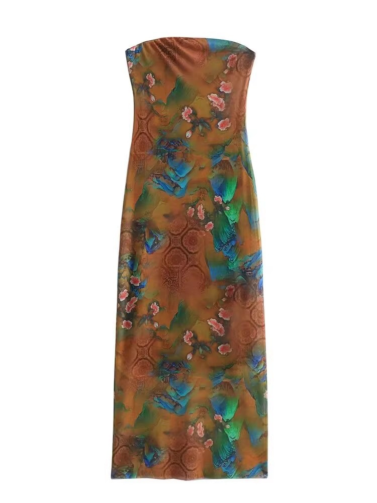 Sexy Women Dress Slim Fit Strapless Mesh Printed Long Dress Chiffon Holiday Resort Wear Fashion Ladies Dresses European Style Custom Clothing OEM ODM