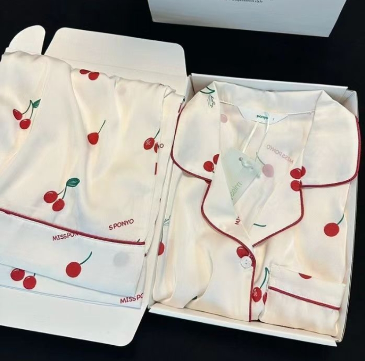 Women's Elastic Waist Ice Silk Woven Fabric Pajamas Set Long Sleeve Home Clothing for Spring Autumn Summer Season Printed Design