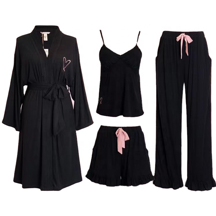 Hot Sale logo Bathrobe Robes 4 Pieces Set Black love logo Women Soft Thin Women's Sleepwear Set for Home