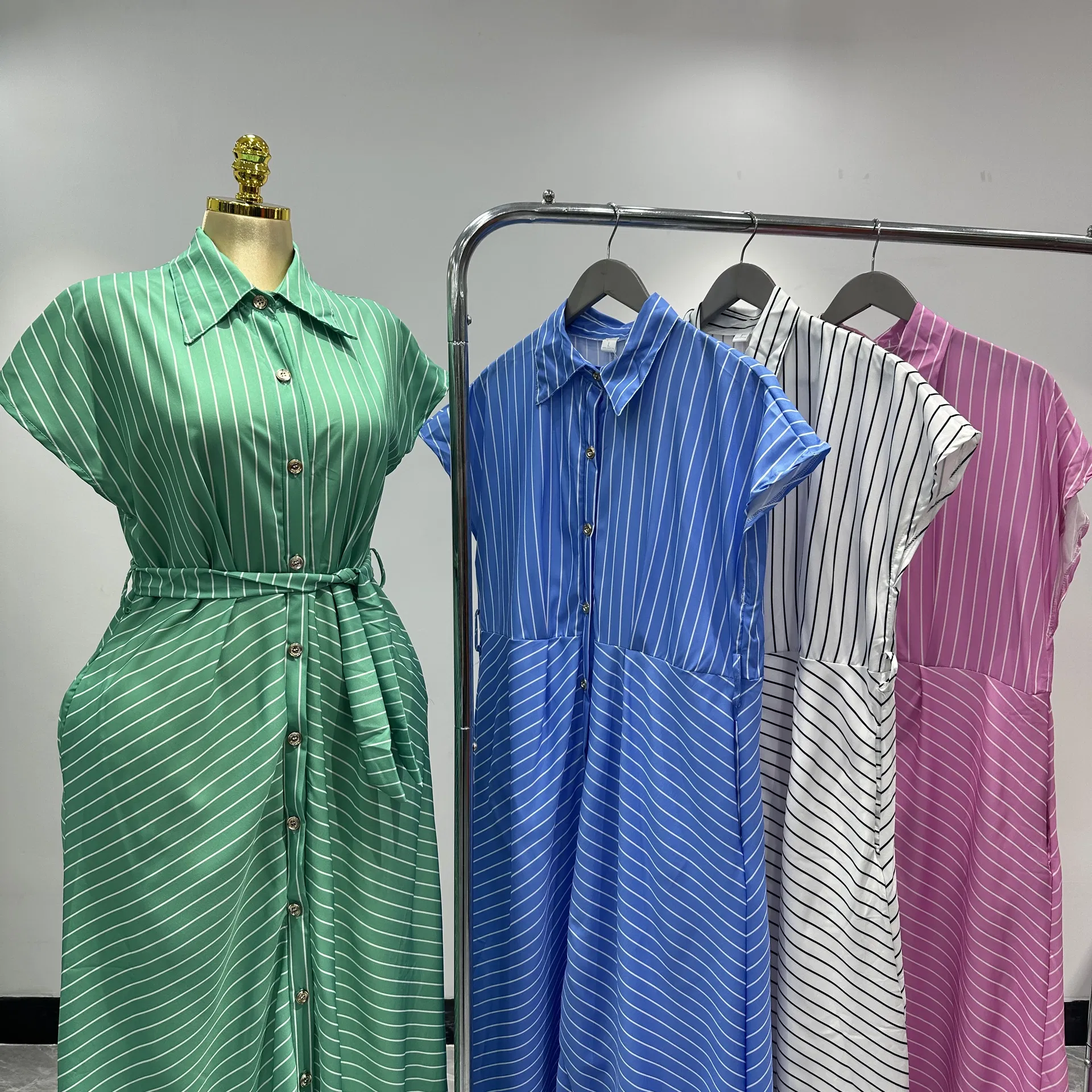 Muslim Fashion Women's Short-Sleeved Striped Loose and Breathable Women's African Plus-Size Dress