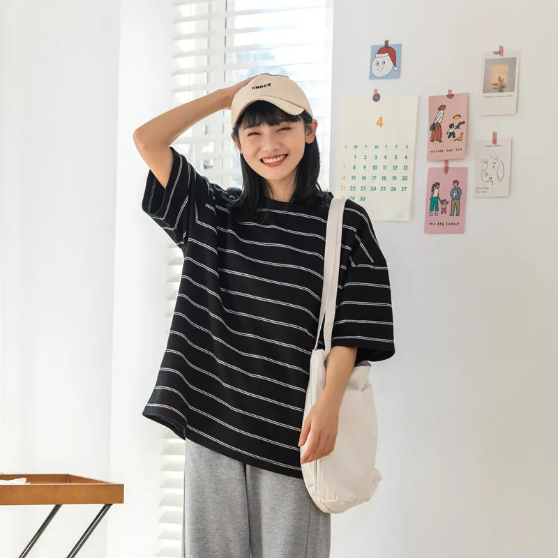Streetwear Manufacturer Quality Plain Cotton Stripes T Shirt for Women