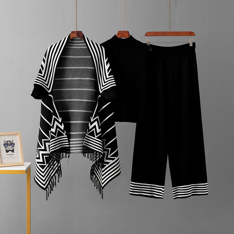 Striped Collar Women Sweater With Pants Three-Piece Set Knitted Tassel Shawl Ropa De Mujer Roupas Femininas Da Moda