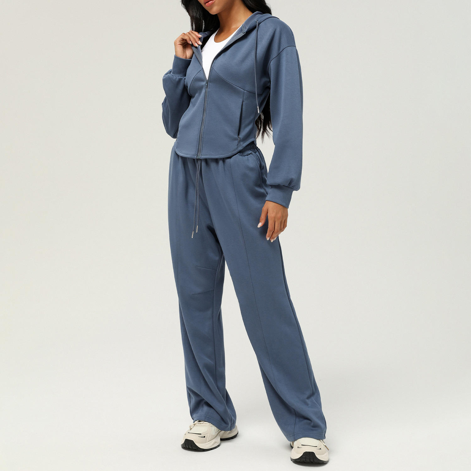 2455 New Solid Color Breathable Sustainable Elastic Waist Women's Plus Size Sports Yoga Sets-Casual Hooded Sweatshirt Loose Yoga