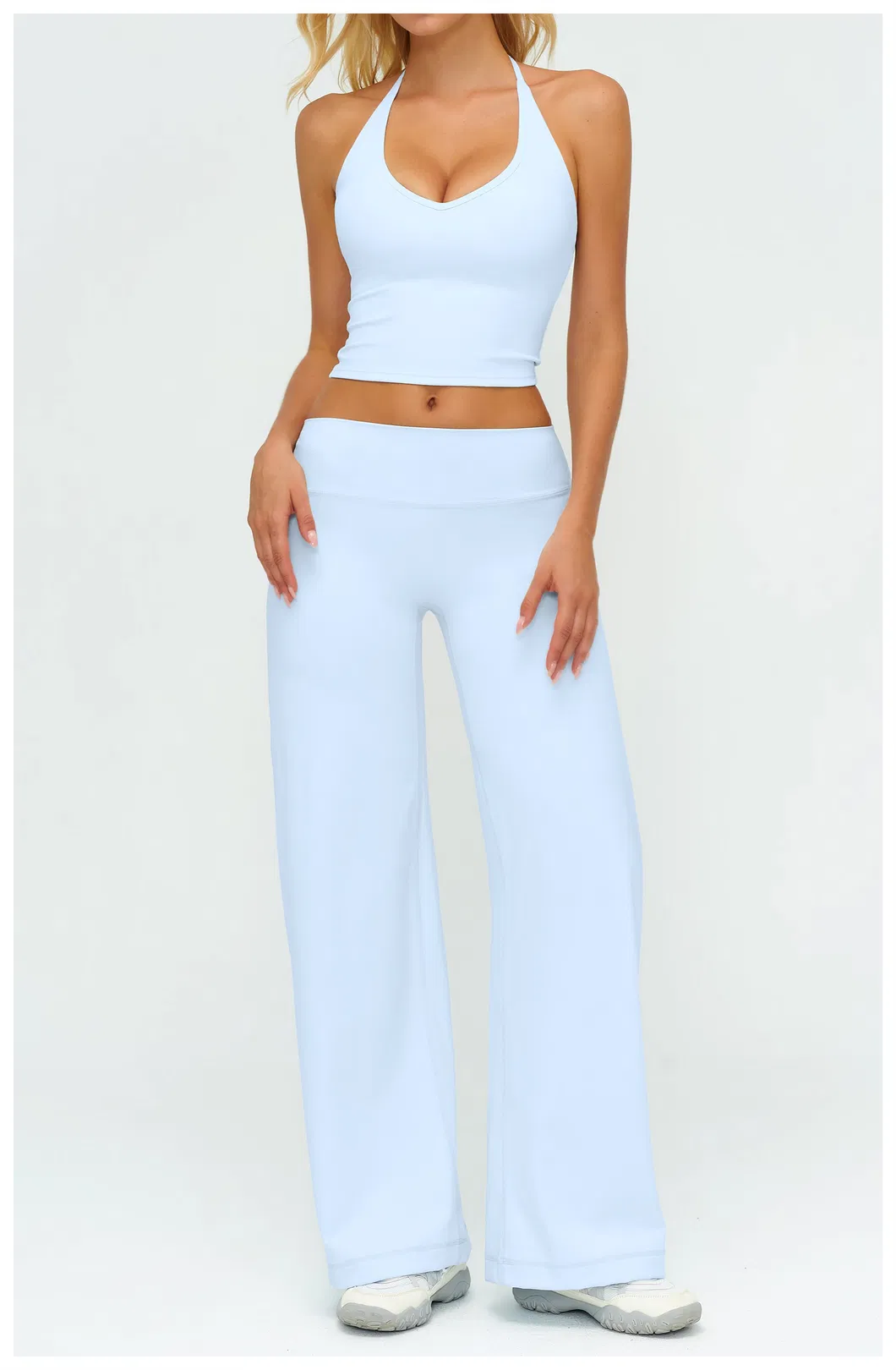 Elegant Resort Wear Yoga Set Halter Neck Top & Flowing Wide Leg Palazzo Pants, Naked Feel for Beach & Vacation