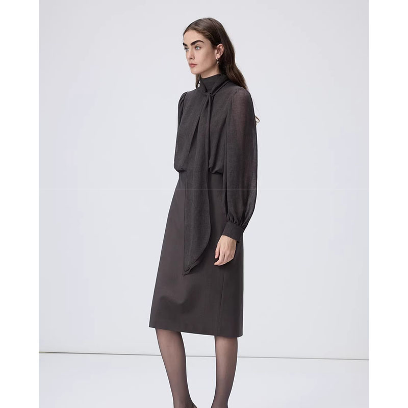 Custom Elegant Office Suit with Sheer Sleeves &amp; Tie Neck for Formal Wear