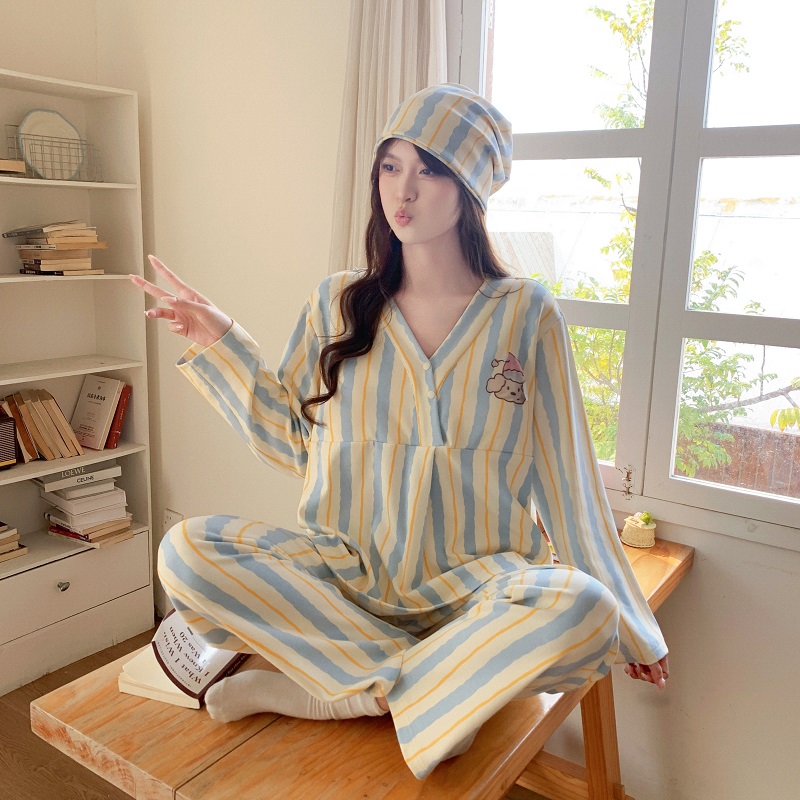 Women's Feeding Homewear With Postpartum Cap V-neck Breastfeeding Sleepwear Maternity Pajamas Pregnancy Nightwear Loungwear