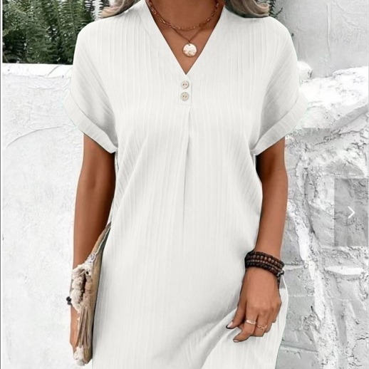 Women's Summer 2023 New V-neck Solid Color Knee-Length Loose Fit Casual Button Pullover Dress Comfortable Washable Natural Front