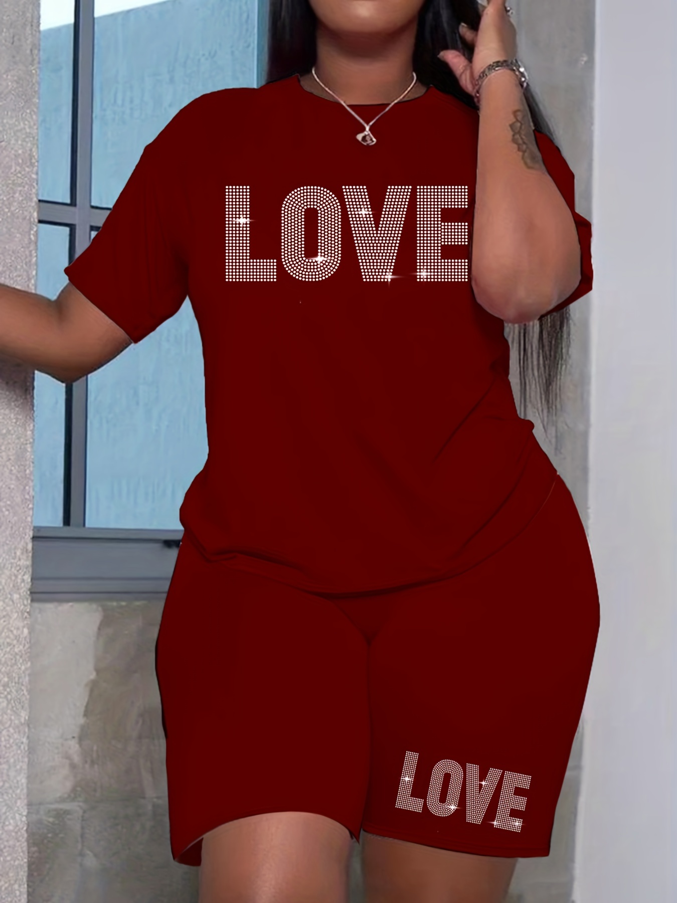 Women's Casual Two Piece Summer Outfits Breathable Logo O-Neck Short Sleeves Spandex Polyester Love Letter Printed T-shirt Pants