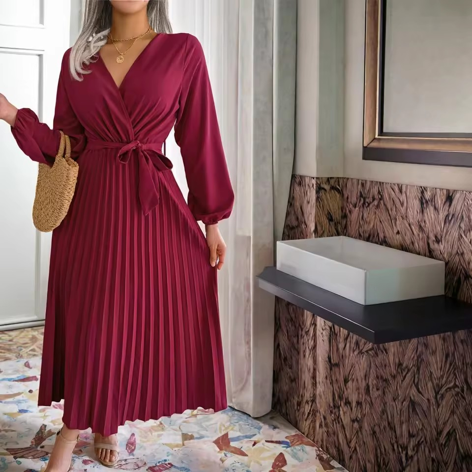 Wholesale New Fashion Women Long Sleeve V-Neck Pleated Dresses Solid Color Lace up Belt Europe Hot Sale Elegant Casual Long Dress Support Custom Brand
