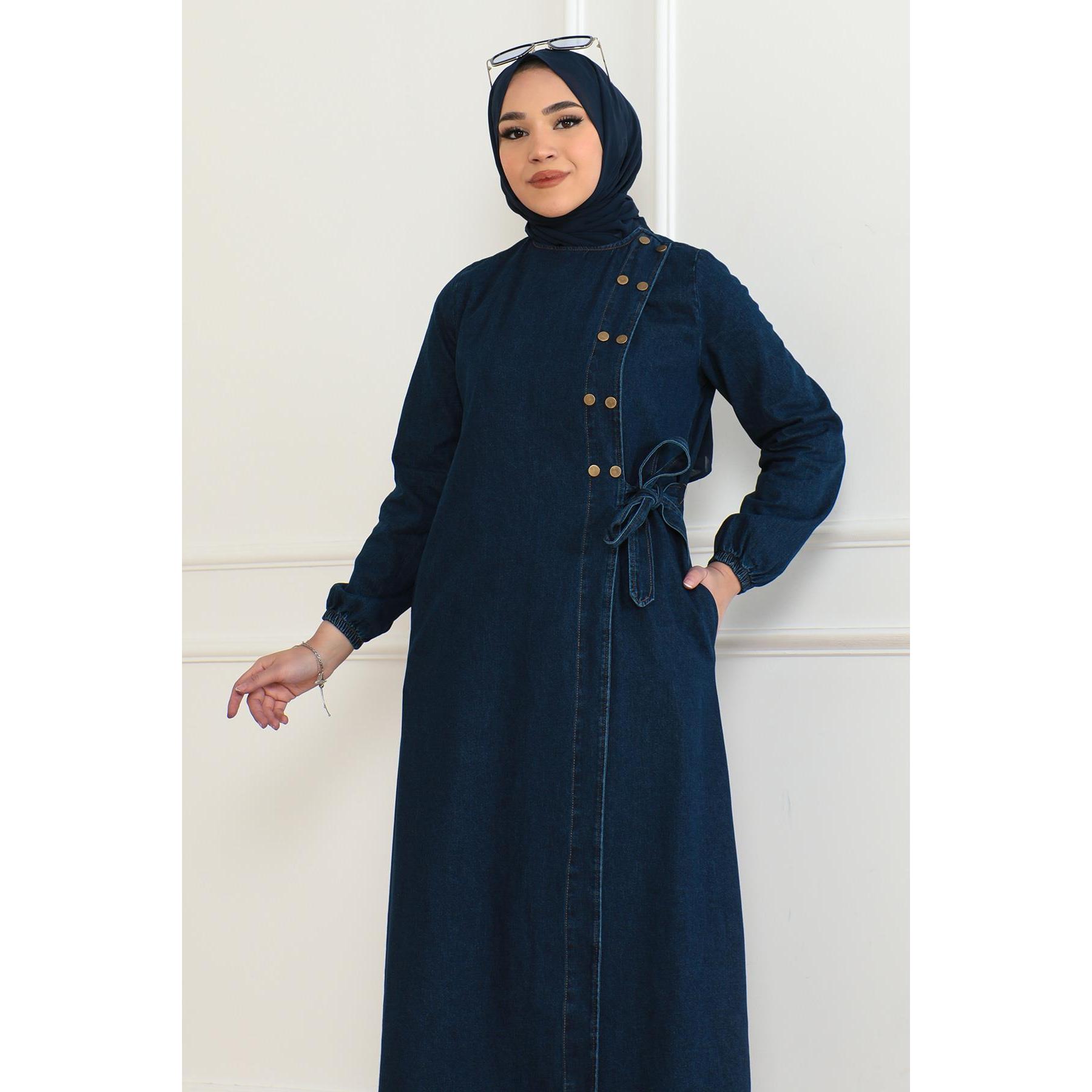 Dark Blue Denim Modest Women's Daily Button-Front Side-Tie Abaya Model 41459