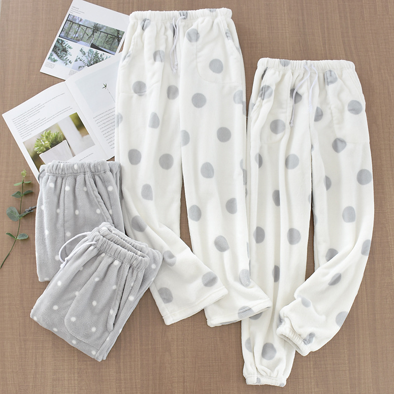 Women's Thick Flannel Pajama Pants Autumn Winter Warm Large Size Loose Trousers Coral Fleece Knitted Loungewear Casual Cute