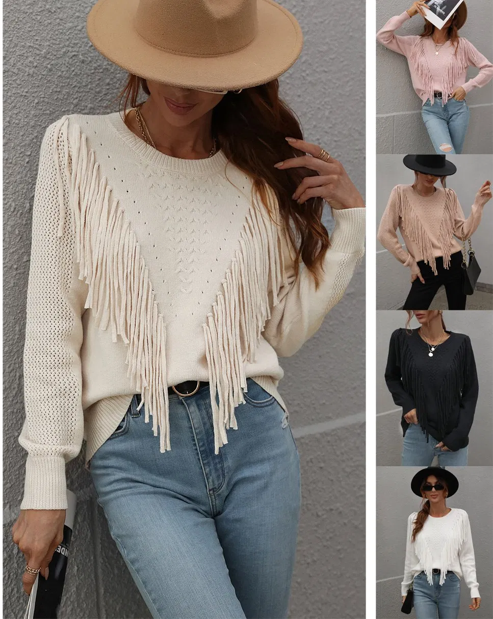 Winter Woman Knitwear Clothing Loose Solid Color Knitwear Fashion Tassel Fringe Women Sweater Pullover