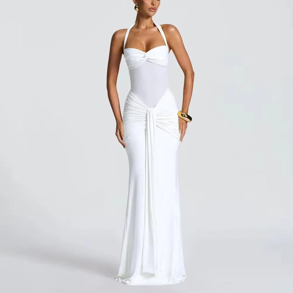 Halter Neck Mesh Long Dress Fashion New Mesh Patchwork Elegant Mermaid Tail Ribbon Dress