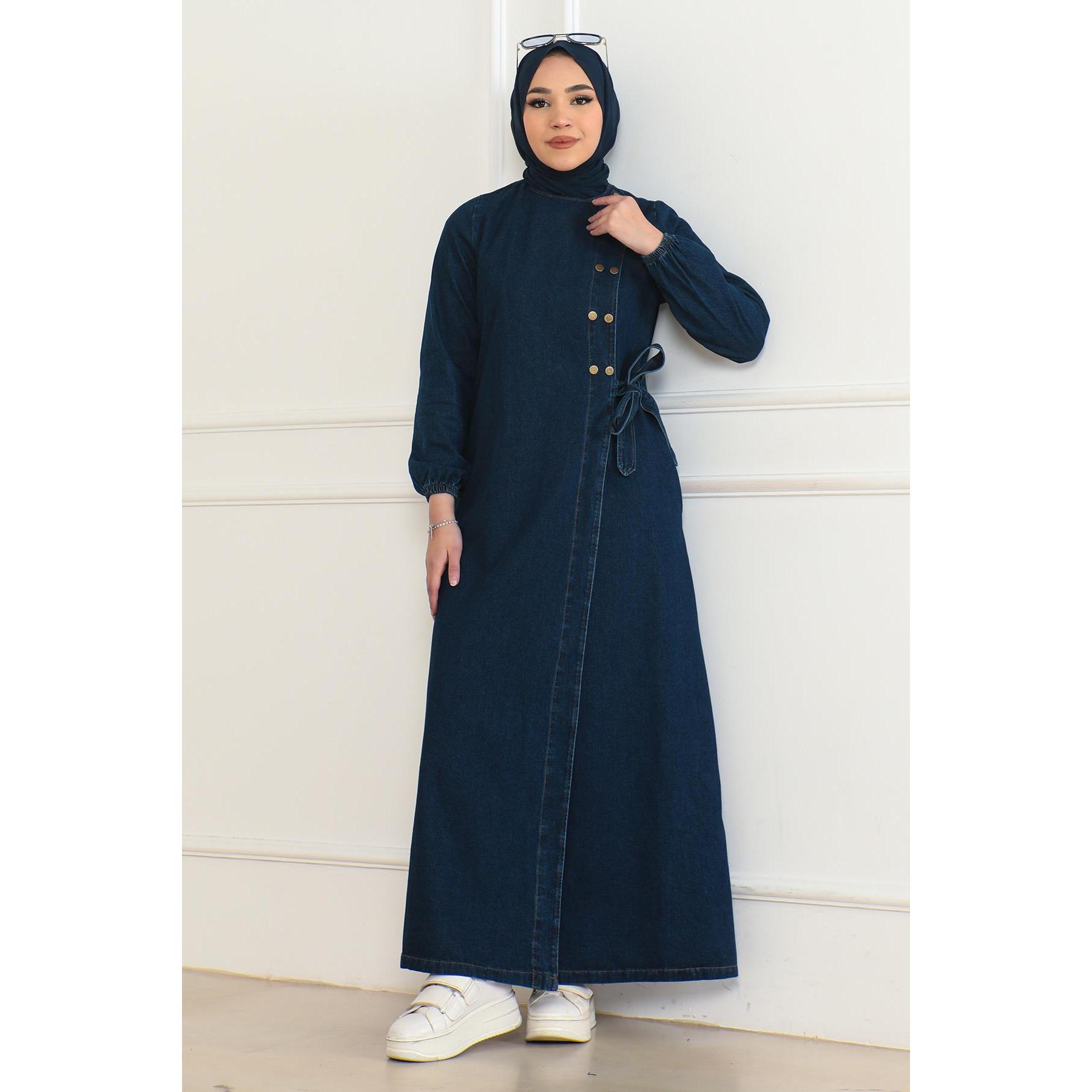 Dark Blue Denim Modest Women's Daily Button-Front Side-Tie Abaya Model 41459