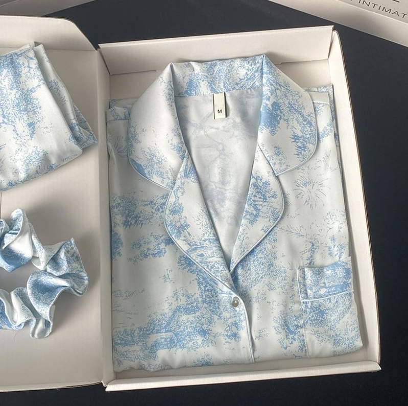 Women's Elastic Waist Ice Silk Woven Fabric Pajamas Set Long Sleeve Home Clothing for Spring Autumn Summer Season Printed Design