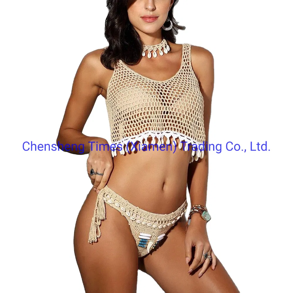 Women Hand-Woven Beach Wear Resort Modern Style Solid Color Linen Swimming Wear