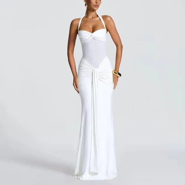 Halter Neck Mesh Long Dress Fashion New Mesh Patchwork Elegant Mermaid Tail Ribbon Dress