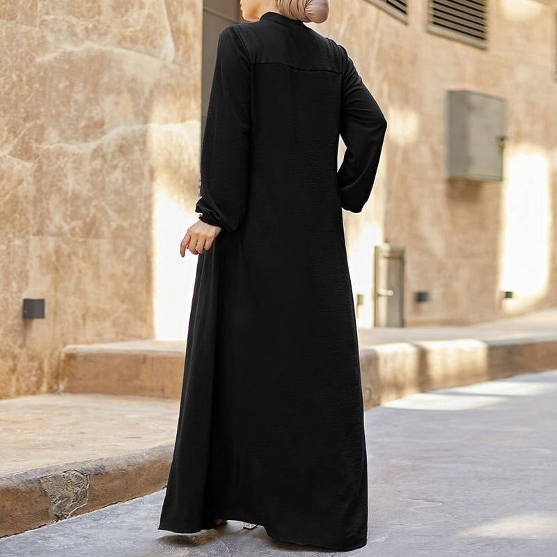 2025 New Handmade Muslim Women's Loose Kaftan Stand-Up Collar Zipper Cardigan Pocket Breathable Arab Style Prayer Dress Middle