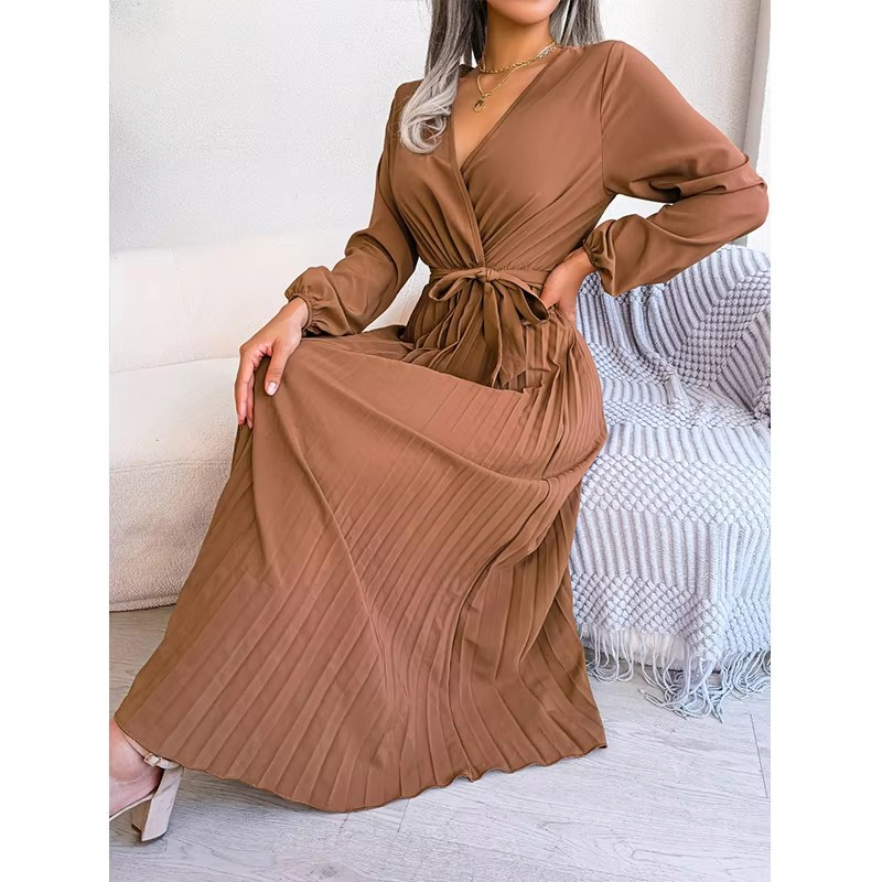 Wholesale New Fashion Women Long Sleeve V-Neck Pleated Dresses Solid Color Lace up Belt Europe Hot Sale Elegant Casual Long Dress Support Custom Brand